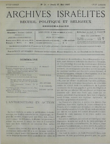 Archives israélites de France. Vol.58 N°21 (27 mai 1897)